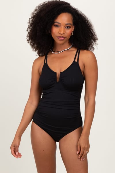 Charmo Black Ribbed Split Neckline Swimsuit