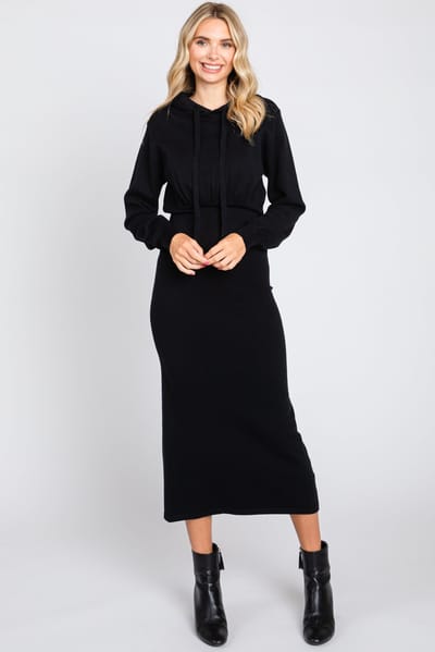 Rhea + Thea Black Knit Hooded Long Sleeve Dress