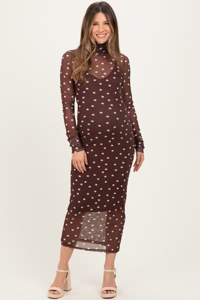 Sweet Generis Mocha Polka Dot Mesh Overlay Maternity Midi Dress