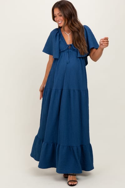 Rhea + Thea Royal Blue Woven Textured Flutter Sleeve V-Neck Tiered Maternity Maxi Dress