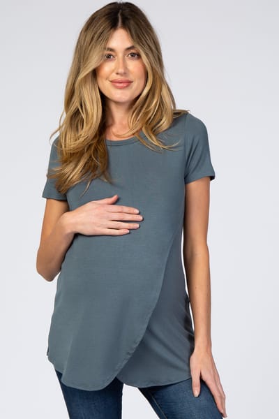 Hello Miz Dark Teal Layered Wrap Front Maternity Nursing Top