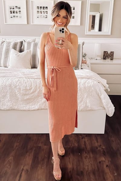 Hem & Thread Pink Tank Rib Side Slit Midi Dress