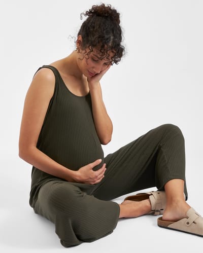 Ripe Maternity Bobby Rib Jumpsuit  Khaki