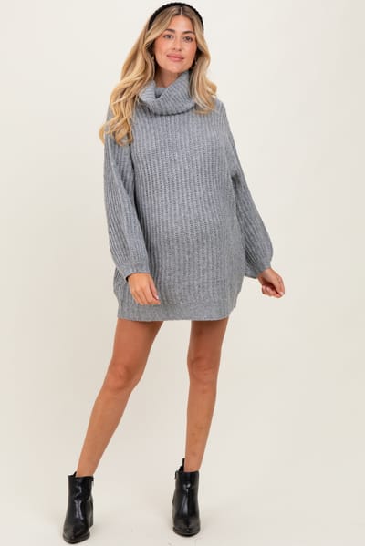 Promesa Grey Turtleneck Puff Sleeve Maternity Sweater Dress