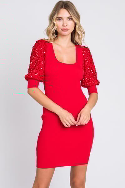 Vine & Love Red Ribbed Sequin Puff Sleeve Dress