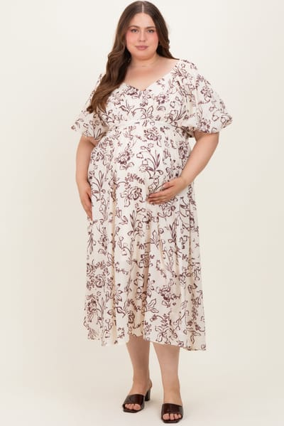 PinkBlush Cream/Brown Floral Print Bubble Sleeve Maternity Maxi Dress Plus Size