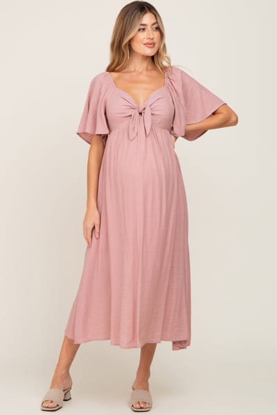 PinkBlush Mauve Front Tie Ruffle Sleeve Maternity Midi Dress