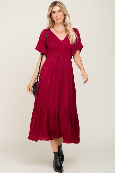 In Loom Burgundy Satin Smocked Midi Dress