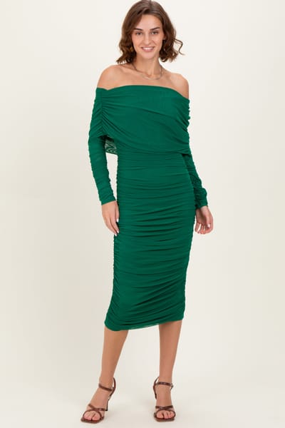 Cameo Forest Green Ruched Mesh Off Shoulder Long Sleeve Midi Dress