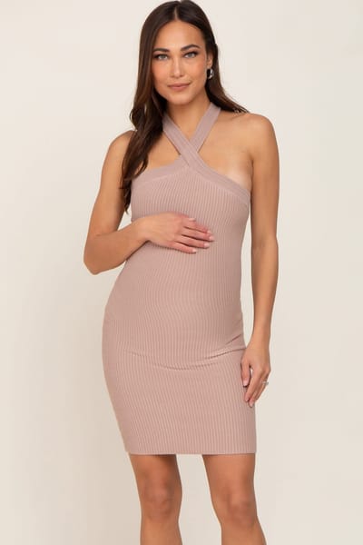 PinkBlush Mocha Ribbed Knit Halter Neck Maternity Fitted Dress