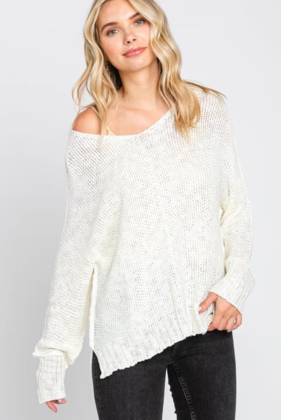 Bluivy Cream Chunky Knit Side Slit Sweater