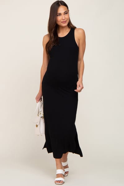 PinkBlush Black Ribbed Maternity Side Slit Tank Dress