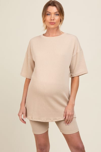 PinkBlush Beige Ribbed Maternity Biker Shorts Set