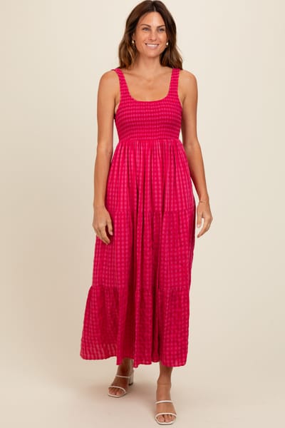 BaeVely Coral Plaid Tiered Maxi Dress