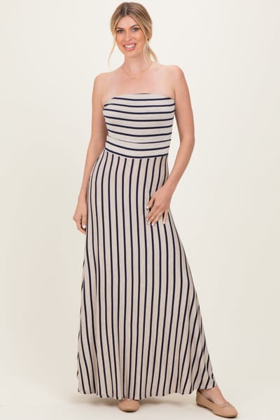 West K Oatmeal Striped Strapless Maxi Dress