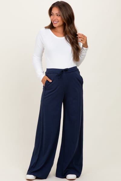 Rae Mode Navy Drawstring Wide Leg Maternity Lounge Pant