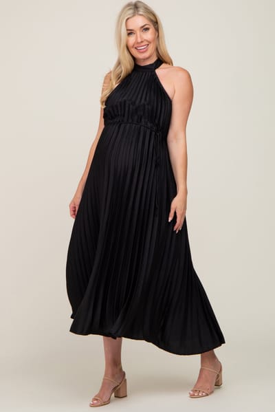 Rosevelvet Black Pleated Maternity Halter Dress