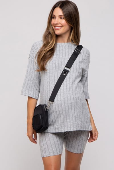 Charmo Heather Grey Ribbed Soft Short Sleeve Maternity Shorts Set