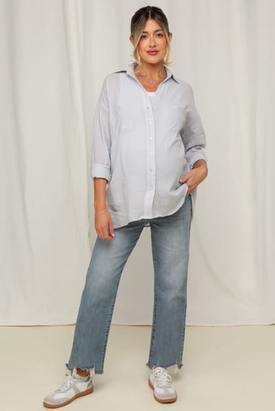 Kan Can USA Light Blue Fringe Hem Maternity Wide Leg Jeans