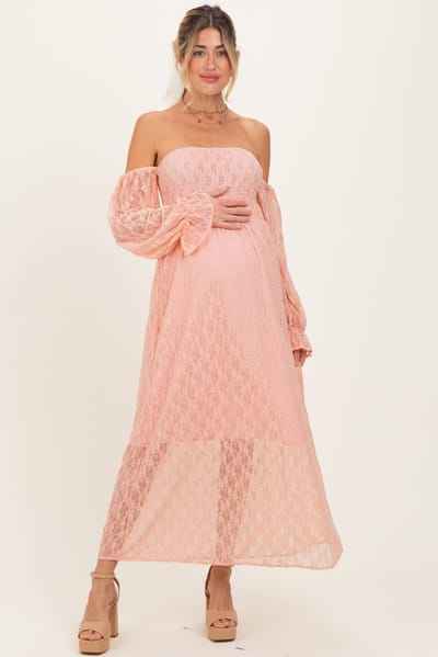 PinkBlush Peach Lace Overlay Smocked Maternity Maxi Dress