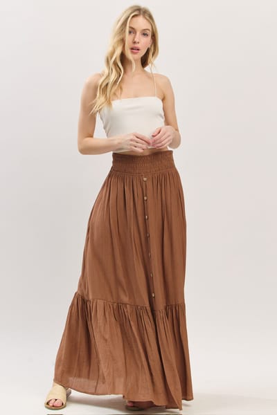 Final Touch Mocha Smocked Waist Button Accent Maxi Skirt