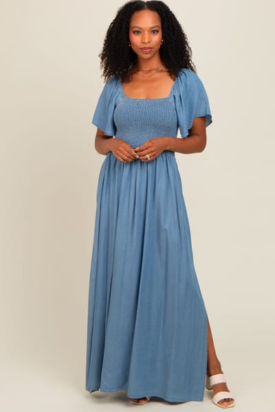 ZiA Apparel Light Blue Chambray Smocked Maxi Dress