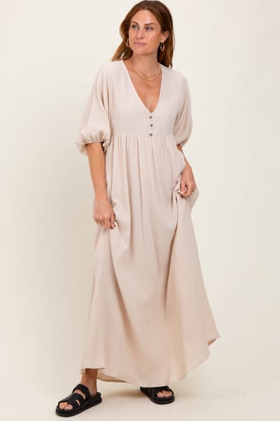 Rhea + Thea Beige Solid Woven Elbow Sleeve V-Neck Button Down Maxi Dress
