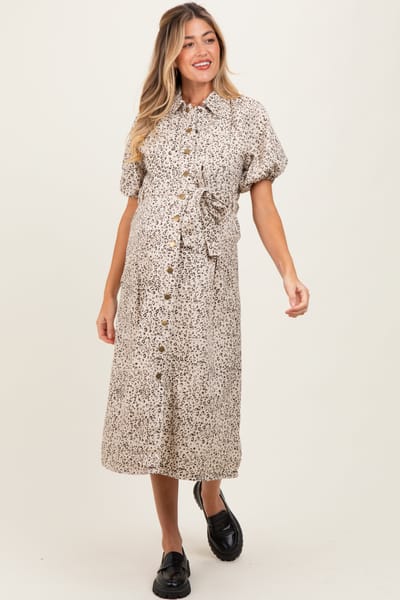 Polagram Cream Floral Button Front Waist Tie Maternity Midi Dress