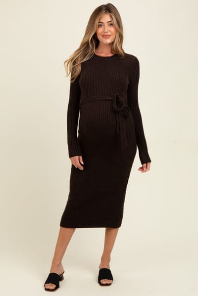 Flying Tomato Brown Ribbed Tie Waist Maternity Sweater Dress