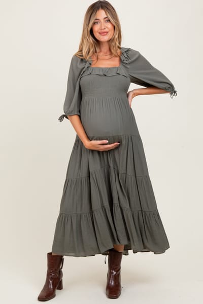 Wishlist Olive Smocked Ruffle Detail Tiered Maternity Midi Dress