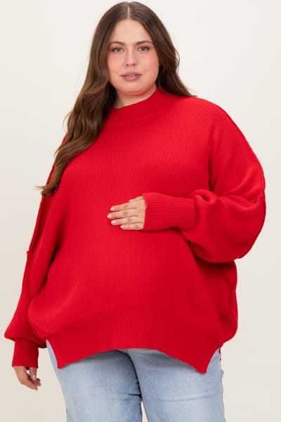 PinkBlush Red Mock Neck Exposed Seam Maternity Sweater