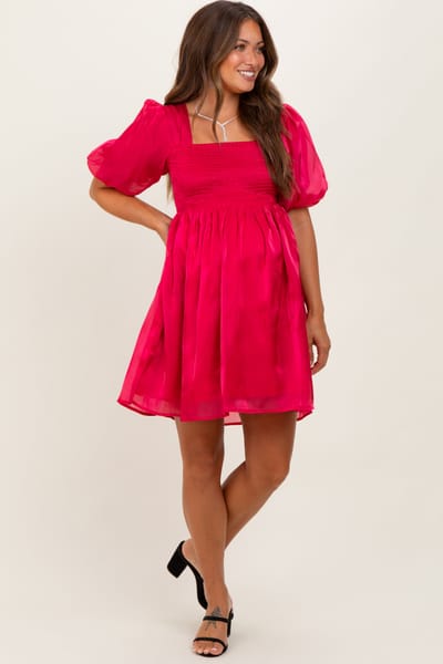 Elloh Red Organza Smocked Puff Sleeve Maternity Mini Dress
