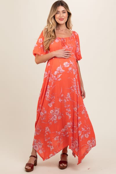Easel Orange Floral Puff Sleeve Maternity Maxi Dress