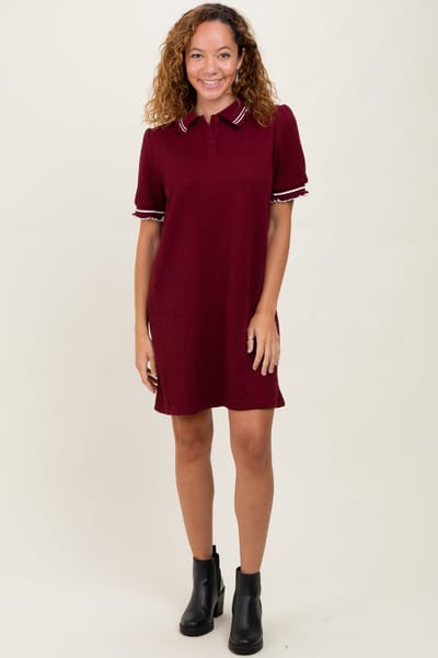 She + Sky Burgundy Jacquard Ruffle Accent Polo Dress