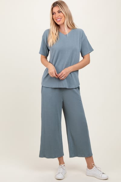 Rhea + Thea Dark Teal Ribbed Short Sleeve Top Pajama Set
