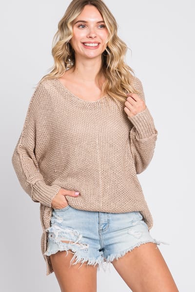 Bluivy Taupe Chunky Knit Side Slit Sweater