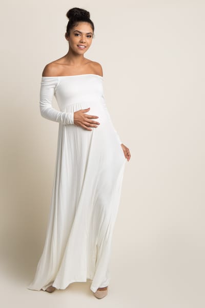 PinkBlush PinkBlush Ivory Solid Off Shoulder Maternity Maxi Dress