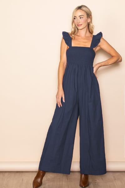 Elloh Navy Ruffle Strap Smocked Wide Leg Jumpsuit