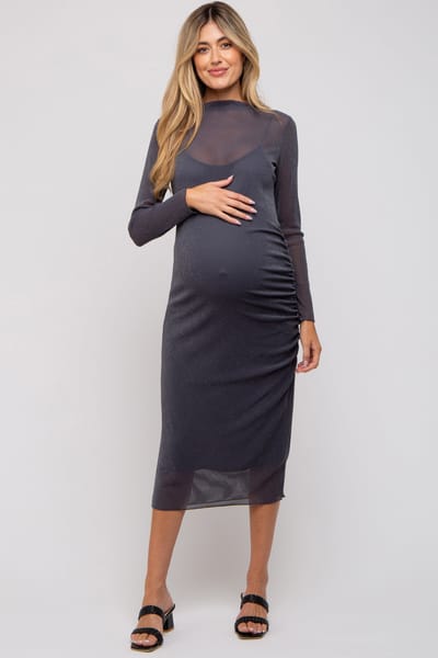 PinkBlush Charcoal Shimmer Mesh Long Sleeve Ruched Maternity Midi Dress