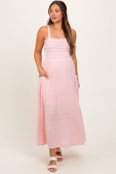 PinkBlush Light Pink Smocked Embroidered Bust Textured Maternity Midi Dress