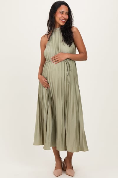 Rosevelvet Light Olive Pleated Maternity Halter Dress