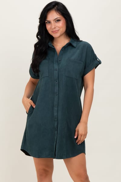 She + Sky Forest Green Faux Suede Button Down Shirt Dress