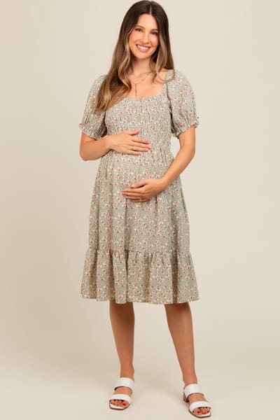 Elloh Light Olive Floral Smocked Maternity Dress