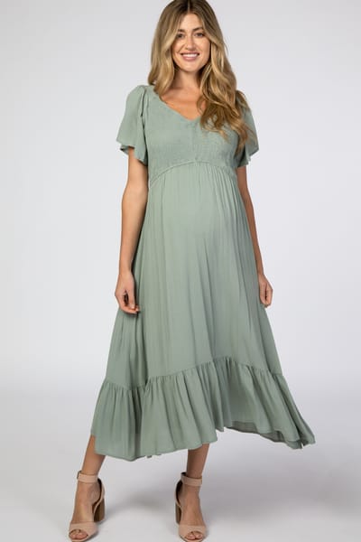 PinkBlush Light Olive Smocked V-Neck Maternity Midi Dress