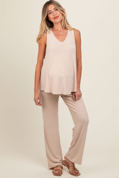 Haptics Beige Rib Knit Tank and Pant Maternity Set
