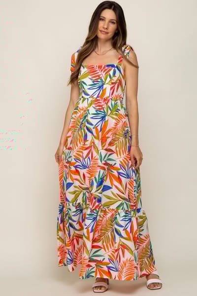 Vine & Love Orange Multi-Color Palm Print Shoulder Tie Maternity Maxi Dress