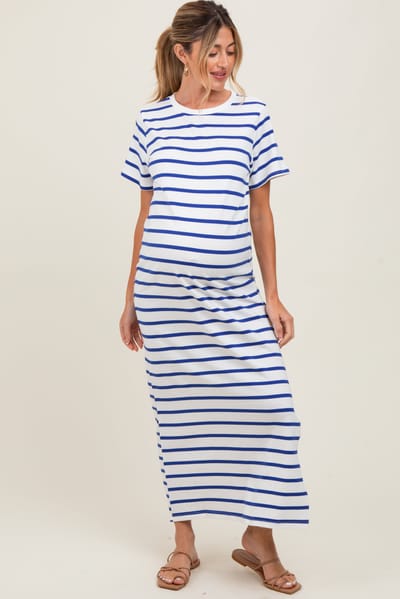 PinkBlush Blue Striped Side Slit Maternity Maxi Dress