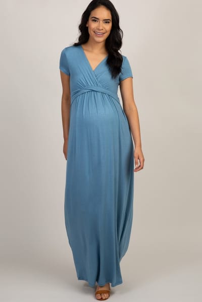 Rhea + Thea PinkBlush Blue Draped Maternity/Nursing Maxi Dress