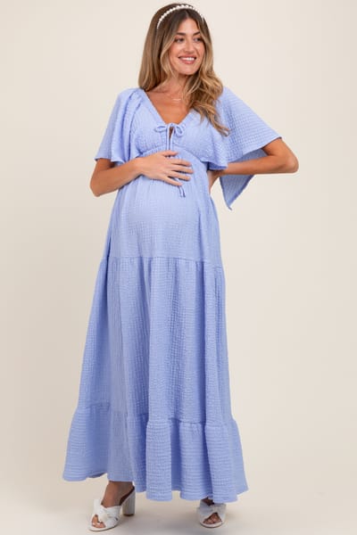 PinkBlush Light Blue Woven Textured Flutter Sleeve V-Neck Tiered Maternity Maxi Dress