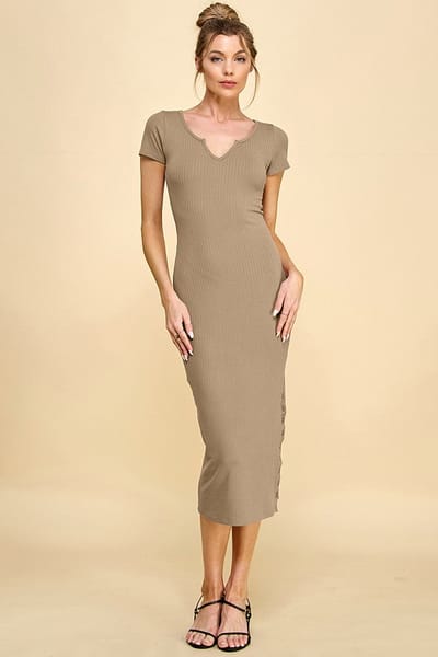 Hearts and Hips Camel Short Sleeve Side Button Ribbed Midi Dress